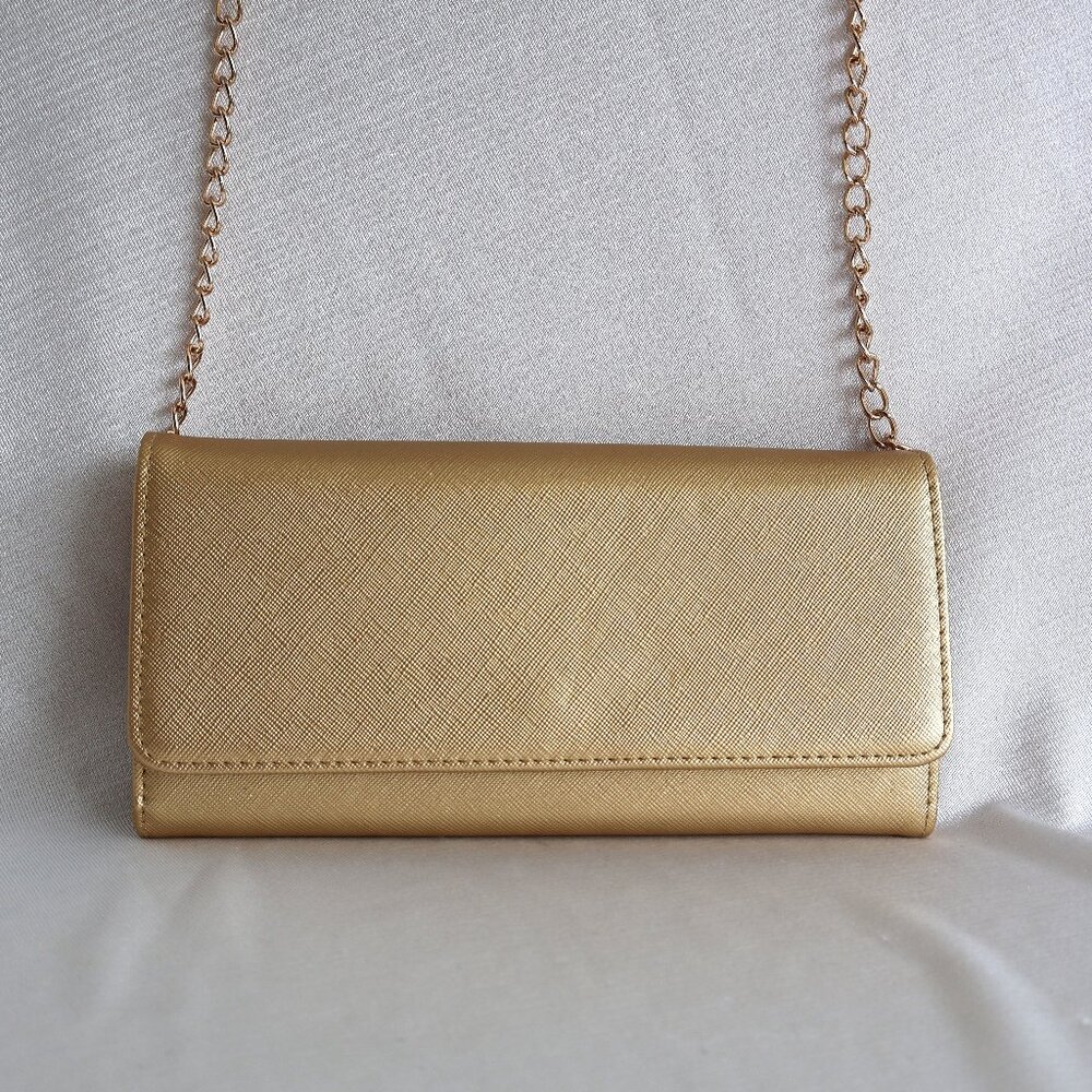 Faux Leather Bifold Cross Body Clutch Wallet - Gold